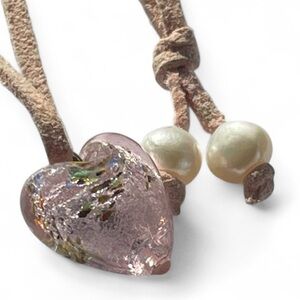 Venetian Glass Heart Pendant, Fresh Water Pearls & Pink Leather Cord Necklace